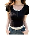 thumbnail image 1 of Wyobmus Womens Short Sleeve T Shirt Y2K Mock 2 Piece Lace Patchwork Henley Shirts Button Down Scoop Neck Slim Fit Tops Ribbed Knit Tee Tops Black, 1 of 9