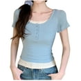 thumbnail image 1 of Wyobmus Womens Short Sleeve T Shirt Y2K Mock 2 Piece Lace Patchwork Henley Shirts Button Down Scoop Neck Slim Fit Tops Ribbed Knit Tee Tops Blue, 1 of 9