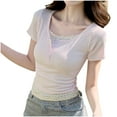 thumbnail image 1 of Wyobmus Womens Short Sleeve T Shirt Y2K Mock 2 Piece Lace Patchwork Henley Shirts Button Down Scoop Neck Slim Fit Tops Ribbed Knit Tee Tops Pink, 1 of 9