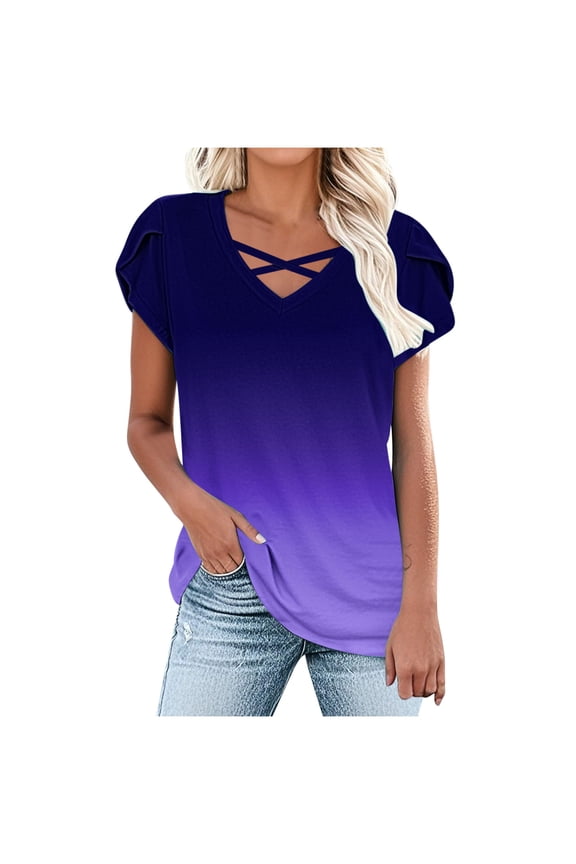Womens Short Sleeve Tops Summer Petal Sleeve T-Shirt Soft Comfy Gradient V Neck Criss Cross Tunic Blouse Casual Loose Flowy Tee Shirt S-3X D-Multicolor