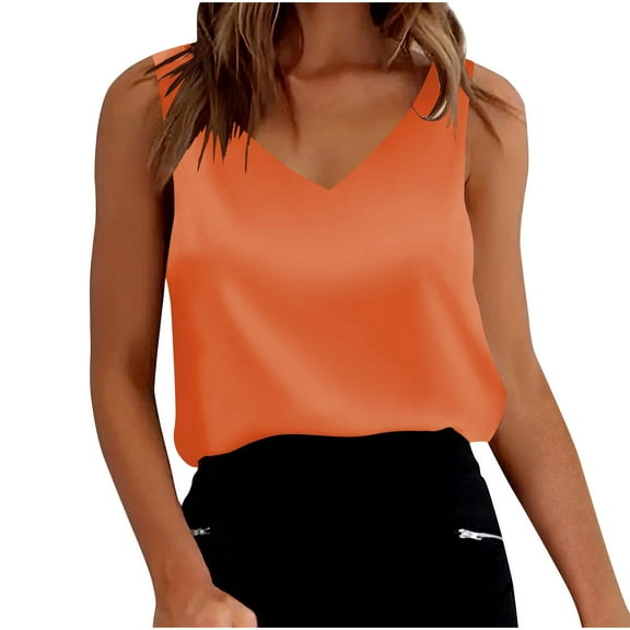 Wyobmus Womens Silk Satin Tank Tops V Neck Casual Camisoles Soft Sleeveless Cami Blouses Summer Business Work Shirt Orange
