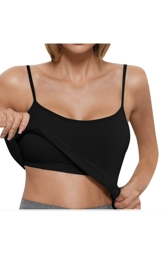 Womens Sleeveless Summer Tank Top form Fitting Crew Neck Spaghtti Straps Crop Tops Ribbed Knit Solid Basic Cami Shirts B-Black