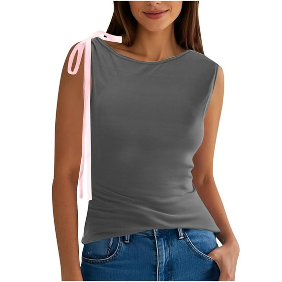 Wyobmus Womens Sleeveless Tank Top Crew Neck Bow Tie Shoulder Strap Tanks Cute Slim Fit Going Out Tops Casual Camisoles Dark Gray