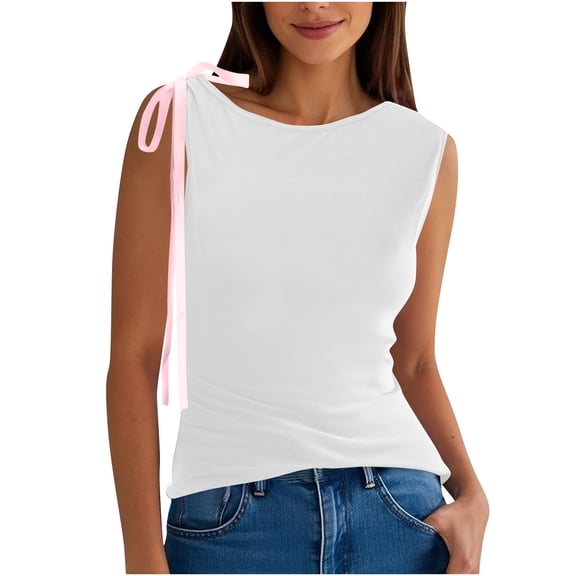 Wyobmus Womens Sleeveless Tank Top Crew Neck Bow Tie Shoulder Strap Tanks Cute Slim Fit Going Out Tops Casual Camisoles White