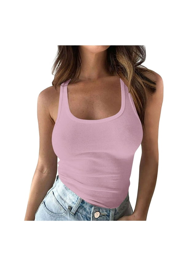 Womens Sleeveless Tank Top Slim Fitted Scoop Neck Ribbed Knit Basic Cami Shirts Summer Casual Workout Tees D-Pink