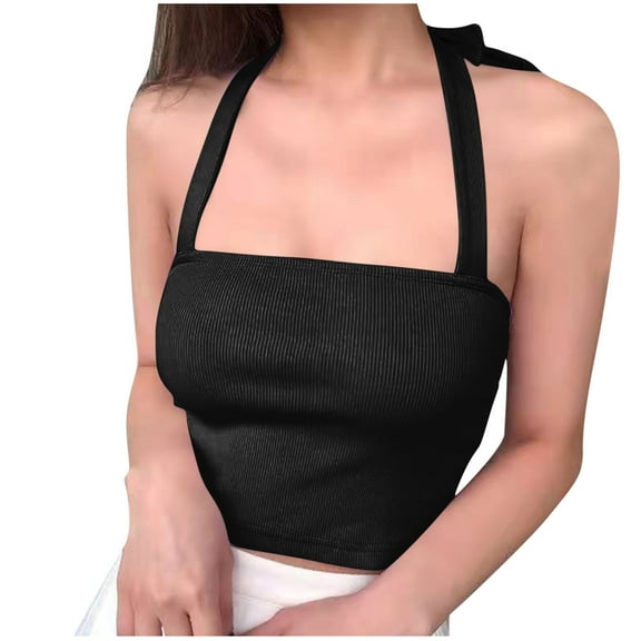 Wyobmus Womens Sports Bras Halter Sleeveless Seamless Gathering Crop Camisole Built In Basic Yoga Tops B-Black