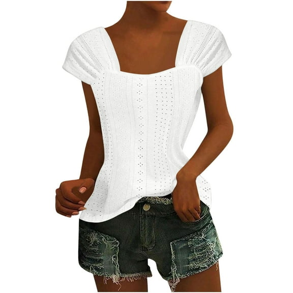 Wyobmus Womens Square Neck Tank Tops Cute Eyelet Embroidery Shell Sleeve Tees Going Out Slim Fit Tunic Shirts White
