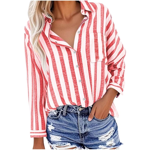 Wyobmus Womens Striped Button Down Shirt Cotton Linen Dress Shirt Short/Long Sleeve Collared Work Shirt Loose Fit V-Neck Office Blouses A-Red