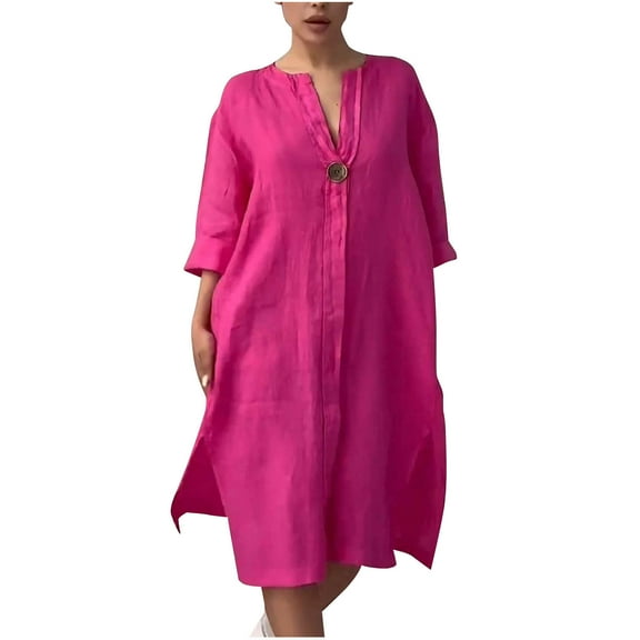 Wyobmus Womens Summer 3/4 Sleeve Dresses Solid Color V-Neck Button Loose Fit Side Slit Linen Midi Dress A-Hot Pink