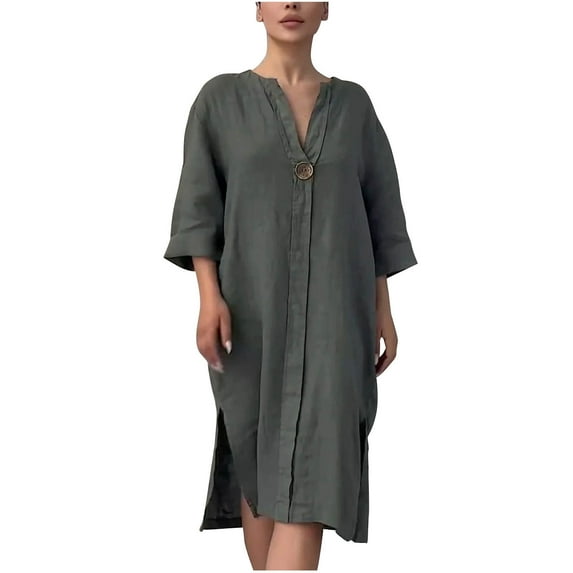 Wyobmus Womens Summer 3/4 Sleeve Dresses Solid Color V-Neck Button Loose Fit Side Slit Linen Midi Dress A-Olive Green