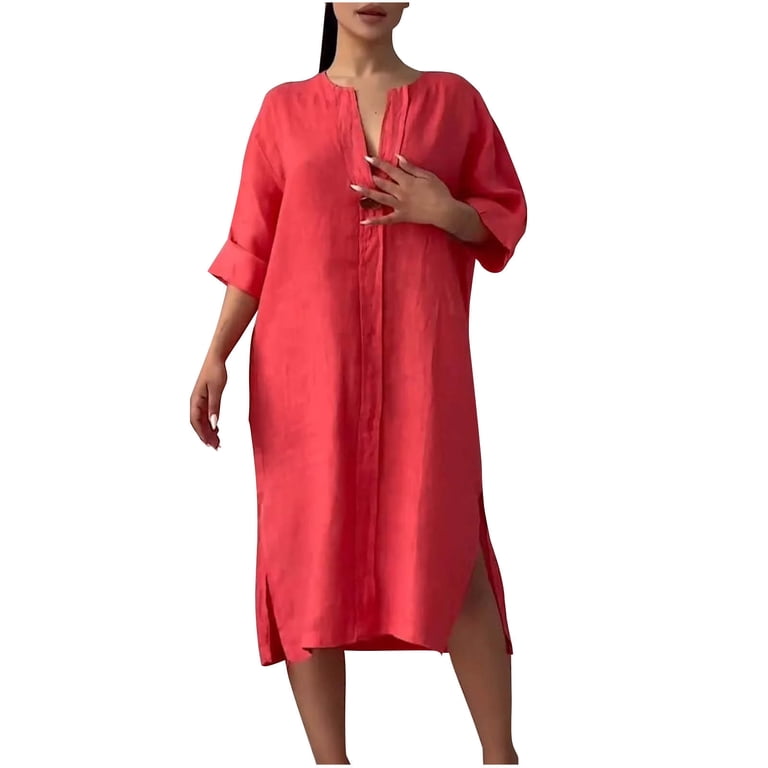 Wyobmus Womens Summer 3/4 Sleeve Dresses Solid Color V-Neck Button Loose  Fit Side Slit Linen Midi Dress A-Red - Walmart.com