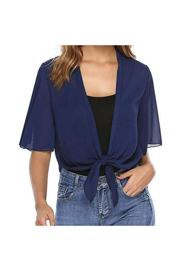 Womens Summer Cardigan Shirt Open Front Tie Sheer Short Sleeve Ruffle Cropped Chiffon Capes Shawl Wraps A-Navy