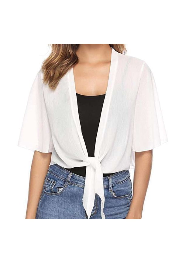 Womens Summer Cardigan Shirt Open Front Tie Sheer Short Sleeve Ruffle Cropped Chiffon Capes Shawl Wraps A-White