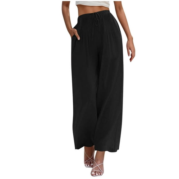 Wyobmus Womens Summer Cropped Pants Solid Color Elastic Waist Drawstring Palazzo Pants High Waist Lightweihgt Flowy Wide Leg Causal Pants S-3Xl B-Black