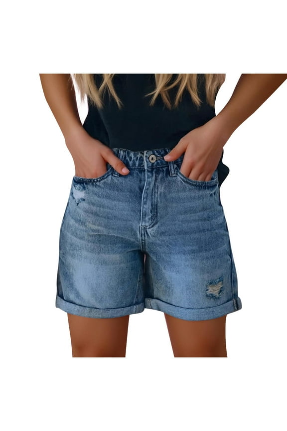 Jean Shorts for Women Stretch Denim Hot Pants Ladies High Waisted Flat Front Distressed Ripped Casual Denim Shorts with Pockets Blue