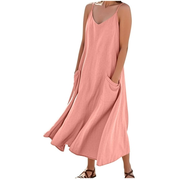 Wyobums Womens Summer Dresses Spaghetti Strap V Neck Casual Sleeveless Sundress Cotton Linen Swing Dress Beach Cover Ups with Pockets B-Pink