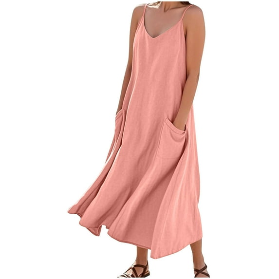 Wyobums Womens Summer Dresses Spaghetti Strap V Neck Casual Sleeveless Sundress Cotton Linen Swing Dress Beach Cover Ups with Pockets B-Pink