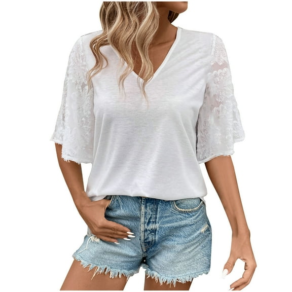 Wyobmus Womens Summer Lace Tops Trendy Kimono Short Sleeve Tshirts Business Casual V Neck Blouses Summer Clothes White