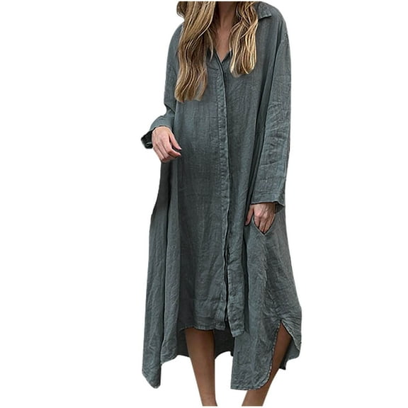 Wyobmus Womens Summer Linen Dresses Rolled-Up Long Sleeve Button Down Maxi Shirt Dress Casual Solid Color Turndow Collar Dress With Pocket Olive Green