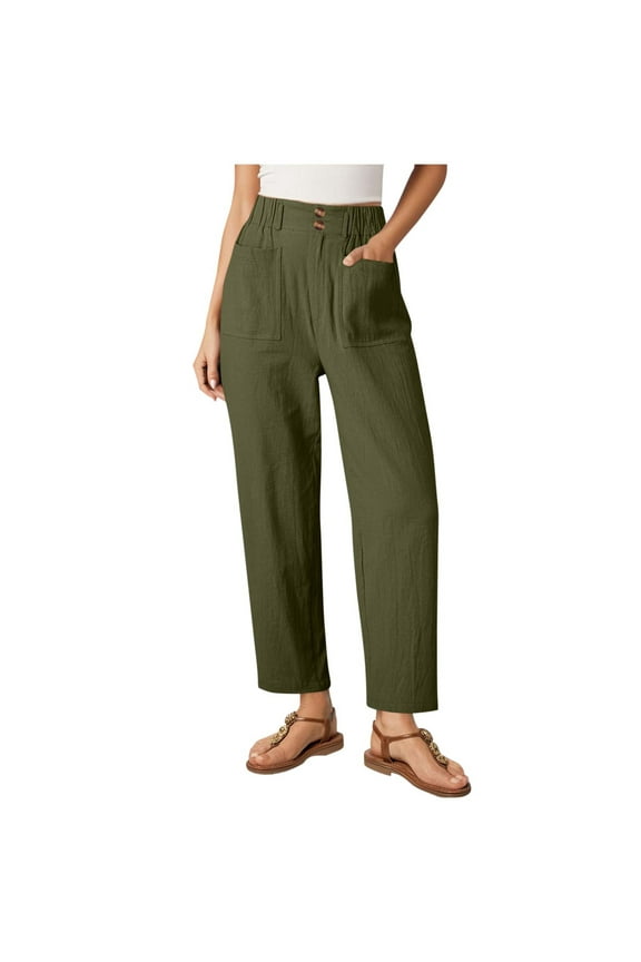 Womens Summer Pants Casual Cropped Pants High Elastic Waist Harem Palazzo Pant Trouser Slacks with Pockets Olive Green