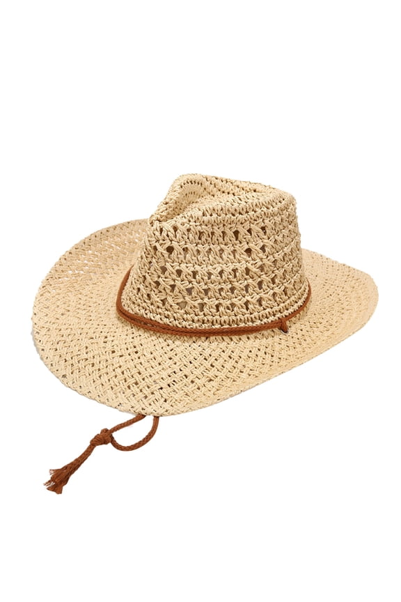 Womens Summer Straw Sun Hats Wide Brim Panama Fedora Drawstring Beach Hat With Wind Lanyard Beige