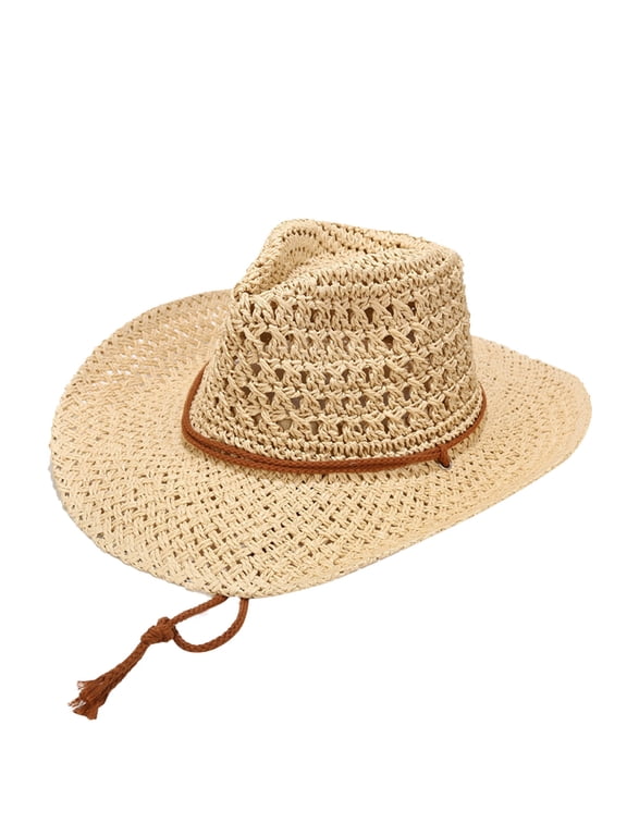 Womens Summer Straw Sun Hats Wide Brim Panama Fedora Drawstring Beach Hat With Wind Lanyard Beige