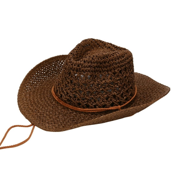 Wyobmus Womens Summer Straw Sun Hats Wide Brim Panama Fedora Drawstring Beach Hat With Wind Lanyard Coffee