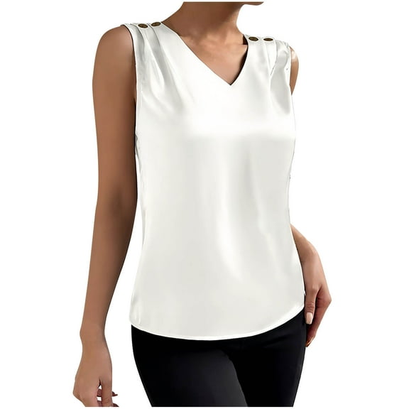 Wyobmus Womens Summer Tank Tops V Neck Satin Blouse Sleeveless T Shirt Solid Color Business Casual Basic Tops S-2X White