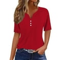 thumbnail image 1 of Wyobmus Womens Summer Tops Casual Blouses V Neck Buttons Short Sleeve Shirts Solid Color Hollow Out Tops Red, 1 of 4