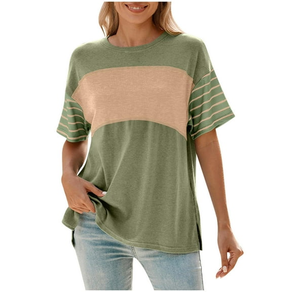 Wyobmus Womens Summer Tops Casual Round Neck Striped Tee Loose Fit Short Sleeve Color Block Side Slit T-Shirt S-2X Green