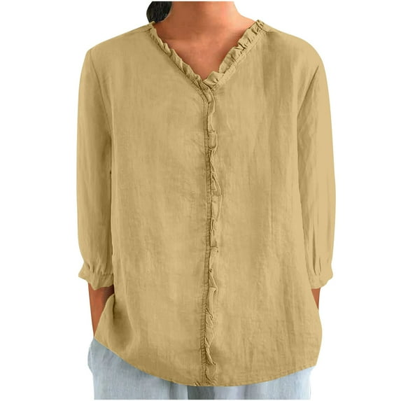 Wyobmus Womens Summer Tops Casual Solid Color Ruffle Collar 3/4 Sleeve Ruffle Shirt Blouse V Neck Tredy Tops S-2X A-Khaki