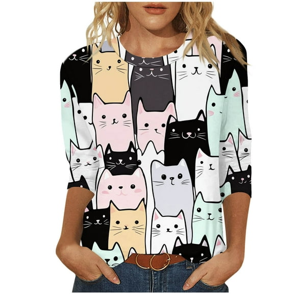Wyobmus Womens Summer Tops Dressy Casual 3/4 Short Sleeve Crewneck T Shirts Casual Cute Graphic Tunic Blouse S-2X C-White