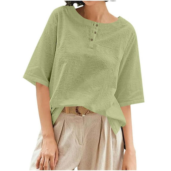 Wyobmus Womens Summer Tops Loose Fit Button Up Henley Shirt Casual Solid Color Half Sleeve Linen Cotton Tshirt S-3X Green