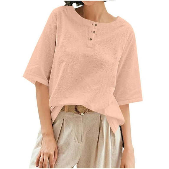 Wyobmus Womens Summer Tops Loose Fit Button Up Henley Shirt Casual Solid Color Half Sleeve Linen Cotton Tshirt S-3X Pink