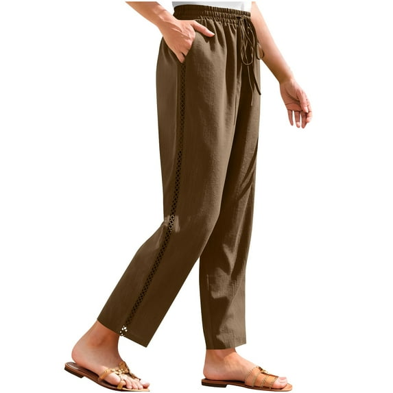 Wyobmus Womens Summer Trendy Linen Pants Solid Color Drawstring Elastic High Waist Casual Trousers Lightweight Side Eyelet Wide Leg Cropped Pants Brown