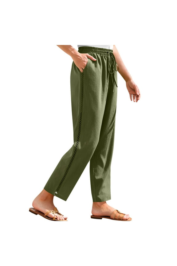 Womens Summer Trendy Linen Pants Solid Color Drawstring Elastic High Waist Casual Trousers Lightweight Side Eyelet Wide Leg Cropped Pants Green