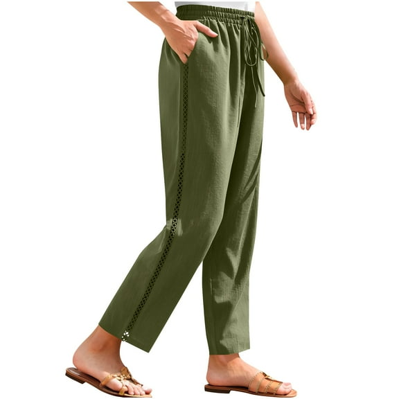 Wyobmus Womens Summer Trendy Linen Pants Solid Color Drawstring Elastic High Waist Casual Trousers Lightweight Side Eyelet Wide Leg Cropped Pants Green