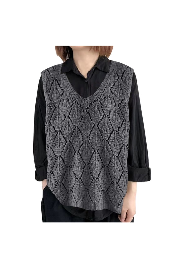 Wyobmus Womens Sweater Vest Spring Fall Crochet Hollow Out Knitted Pullover Tops Sleeveless Sweaters Tank Tops Beach Cover Ups A-Gray