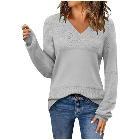 Wyobmus Womens Sweaters Casual Oversized Long Sleeve V Neck Lightweight Hollow Knit Pullover Sweater Tops A-Gray