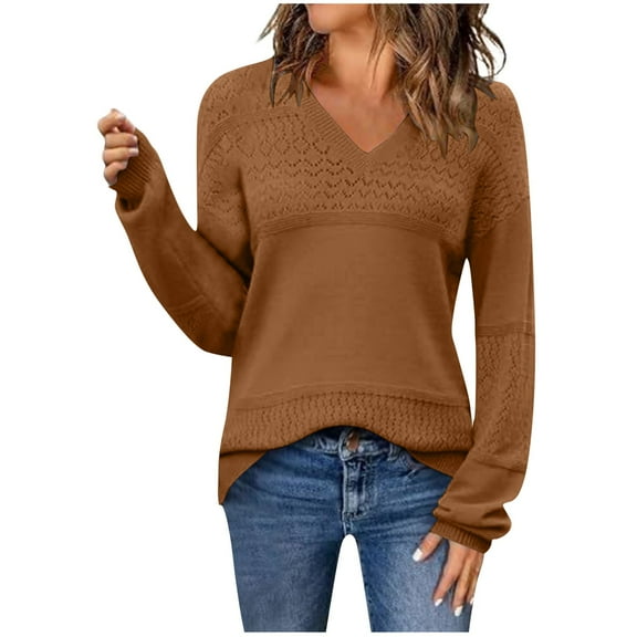 Wyobmus Womens Sweaters Casual Oversized Long Sleeve V Neck Lightweight Hollow Knit Pullover Sweater Tops B-Coffee