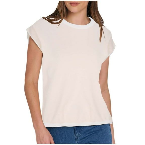 Wyobmus Womens Sweaters Casual Round Neck Solid Color Short Sleeve Loose Pullover Sweater Tops Beige