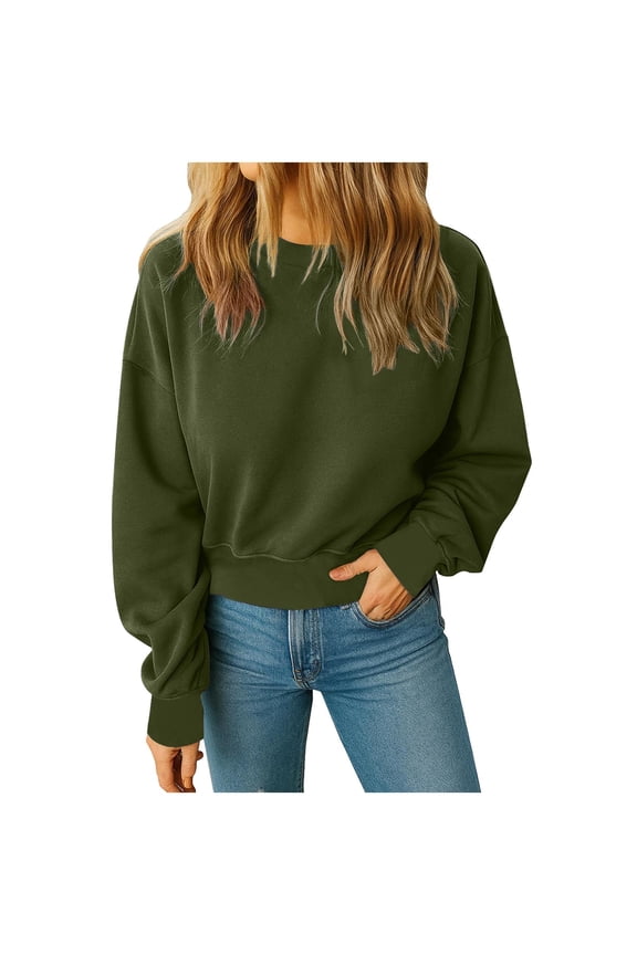 Womens Sweatshirts Comfy Cropped Sweatshirts Long Sleeve Crewneck Fleece Loose Fit Casual Pullover Tops Fall Winter Fashion Clothes Olive Green