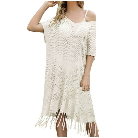 Wyobmus Womens Swimsuit Cover Up Tassel Crochet Coverups Hollow Out Bell Short Sleeve Eyelet Bathing Suits Swim Coverup Beige