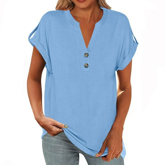 Wyobmus Womens T-Shirts Button Up V Neck Short Sleeve Tops Rolled Sleeve Tee Summer Solid Color Loose Fit Blouse S-2X B-Blue