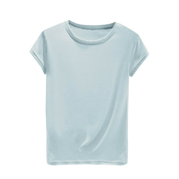 Wyobmus Womens T Shirts Crew Neck Short Sleeve Cotton Blend Tops Solid Color Loose Fit Casual Cute Basic Tees Blouse Light Blue