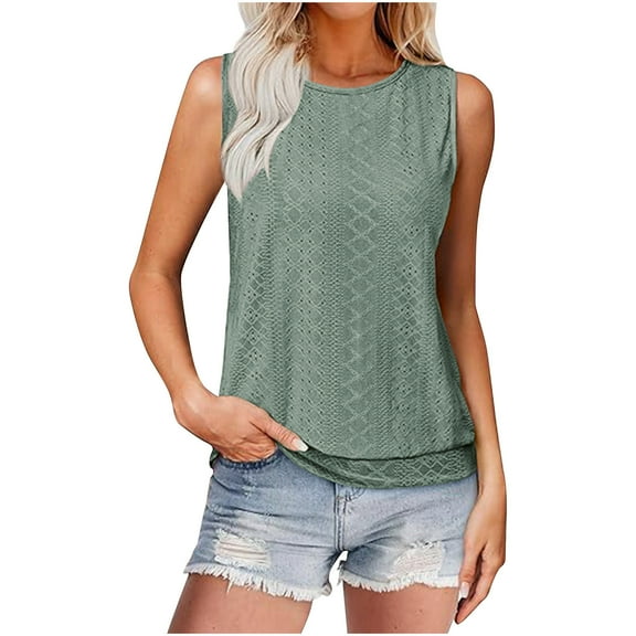 Wyobmus Womens Tank Top Eyelet Embroidery Summer Sleeveless Crewe Neck Flowy Casual Tunic Tops Beach Vacation Boho Shirt S-2X Olive Green