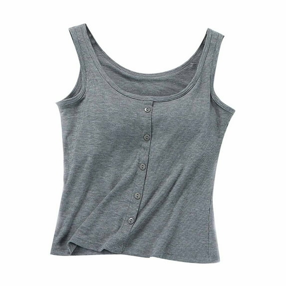 Wyobmus Womens Tank Tops Trendy Sleeveless Cropped Cami Vest Button Down Scoop Neck Strappy Henley Shirt Gray