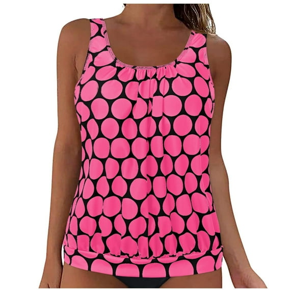Wyobmus Womens Tankini Set Two Piece Bathing Suit Polka Dot Rolled Trim Tankini Top With Bikini Bottom B-Pink