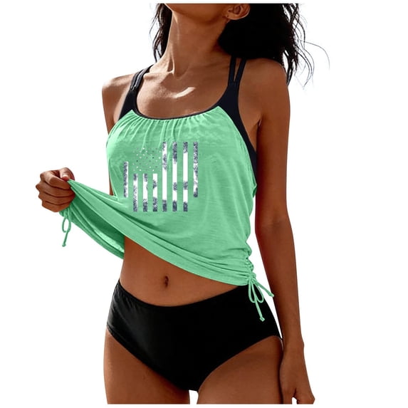 Wyobmus Womens Tankini Swimsuits Tummy Control Two Piece Bathing Suits U.S.A Flag Printed Tank Top Cheeky Swimwear Light Blue