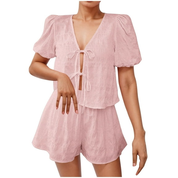Wyobmus Womens Tie Front Sets 2 Piece Outfits Summer Short Sleeve Pleated Shirt Elastic Waist Bottoms Cotton Blouse Lounge Pajamas Sets Pink